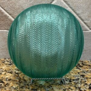 Vintage Teal Green Glass Salad Serving Bowl Herringbone pattern 9 x 3 1/2"